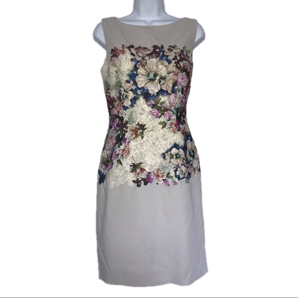Tahari Asl Floral Lace Tan Sheath Dress 6